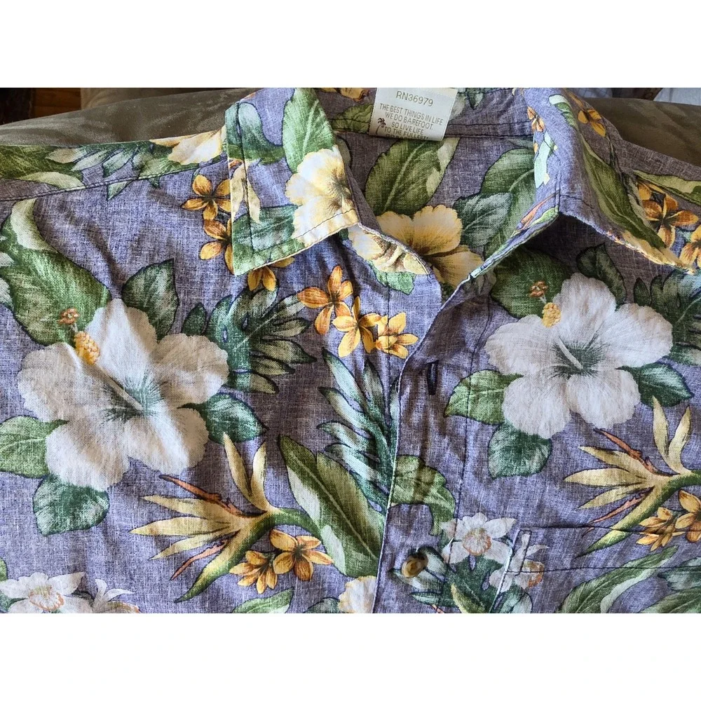 Go Barefoot Men M Floral Cotton Shirt Short Sleeve Collared Grey Green